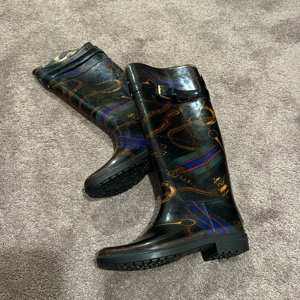 Lauren Ralph Lauren Rossalyn II Equestrian Rain Boots Chain Print SIZE 6